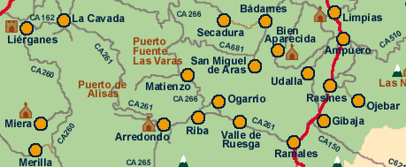 En este mapa aparecen señalados muchos lugares donde vivieron antepasados nuestros: Limpias, Ampuero, Udalla, Ramales, San Miguel de Aras, Secadura, La Cavada, Liérganes.... 