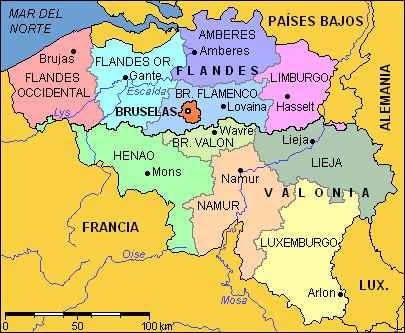 División actual de Bélgica en dos zonas: Flandes y Valonia.