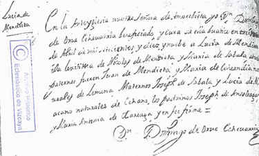 Partida de Bautismo de Lucía Mendieta Zavala, en la Parroquia de Santa María de Amorebieta, el 30 de abril de 1719. Tatarabuela de Cándido Madaleno Gasteasoro. Hacer click para aumentar el tamaño de la imagen.