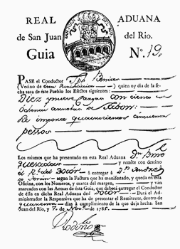 Pase de la Real Aduana de San Juan del Río, fechado el 7 de noviembre e 1785. María Josefa tenía 10 años de edad. Hacer click para ver imagen de mayor tamaño.