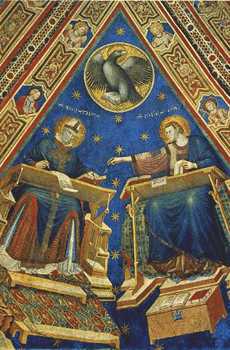 San Agustín y San Juan. Pintura al fresco. Detalle de la cúpula de San Nicolás Tolentino. Escuela de Rímini (siglo XIV).