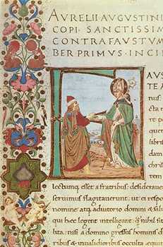 Anónimo italiano del siglo XV. Miniatura. Representa a San Agustín dispuntando con el maniqueo Fausto (Ms Urb. Lat. 83, fol. 2, lett. F).
