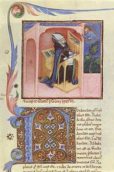 San Agustín sentado en el scriptorium. Miniatura. Anónimo del siglo XV. Ms Vat. Lat. 451 (II parte), fol. 1r.