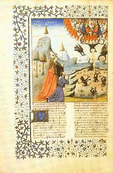 San Agustín explica a Marcelino el origen de las dos Ciudades. Miniatura. Escuela de Brujas (c.1432). Biblioteca Nacional de París (Fr. 22, f. 8 v.).