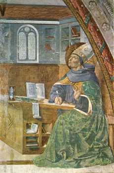 San Agustín escribiendo. Pintura al fresco de Benozzo Gozzoli (1465). Iglesia de San Agustín en San Gimignano, Toscana, Italia.