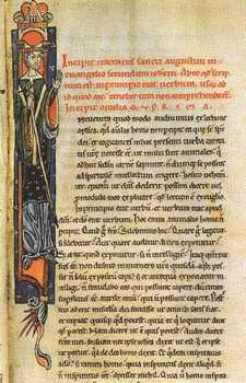 San Agustín, de pie. Miniatura del siglo XII: In Evangelium Iohannis. Biblioteca Nacional de París. Ms. lat. 1964, f. 2.
