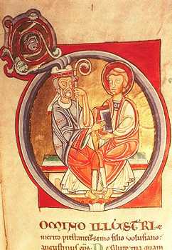 San Agustín y otro personaje desconocido. Miniatura. Archivo diocesano de Vichy. Manuscrito VI (fines el siglo XII).