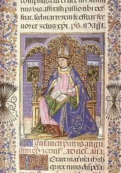 Miniatura de San Agustín. Breviario de los Reyes Católicos. Siglo XV. Real Biblioteca del Monasterio del Escorial (Ms. b. II. 15. F. 495v).