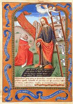 San Agustín a los pies de Cristo. Meditaciones. Miniatura de la Biblioteca Nacional de París (Ms. fr. 929, f. 87v). Inicio del sigo XVI.