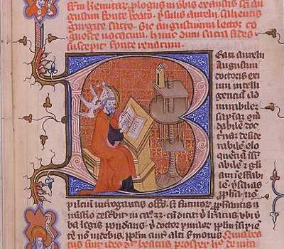 San Agustín, escritor. Milleloquium. Miniatura de Bartolomeo Carusi d'Urbino (siglo XIV). Biblioteca Nacional de París. Ms. lat. 2119, f. 4.