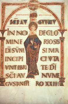 San Agustín. De Civitate Dei. Miniatura. Biblioteca Med. Laurenziana, Florencia (Ms. Plut. 12. 21). Siglo XII.