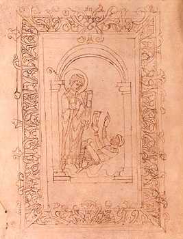 Miniatura titulada "Contra Faustum" en la que San Agustín abate al maniqueo Fausto. Biblioteca Nacional de París. Ms. lat. 2079, f 1v. Inicio del siglo XIII.
