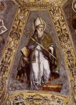 San Agustín. Pintura al fresco de Gabriele Bossi y G. Alberario. Capilla de San Aquilino, en la Basílica de San Lorenzo. Milán, Italia.